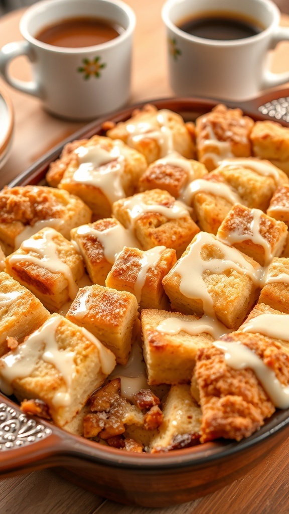 A delicious cinnamon monkey bread casserole drizzled with icing, served in a rustic dish on a wooden table.